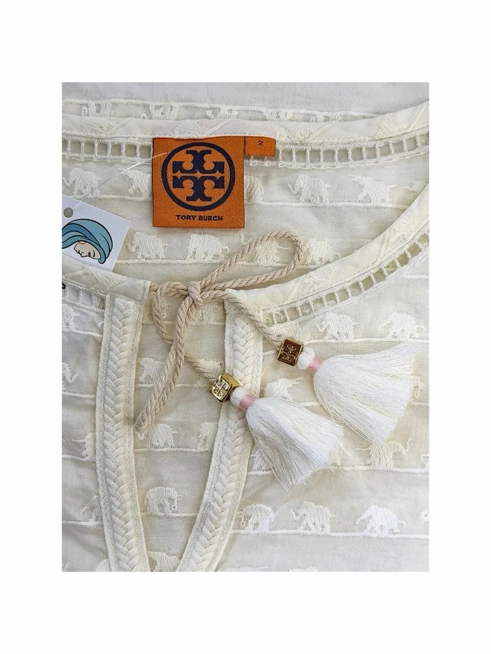 Tory Burch Cream Embroidered Tassel Tie Tunic Top Size 2